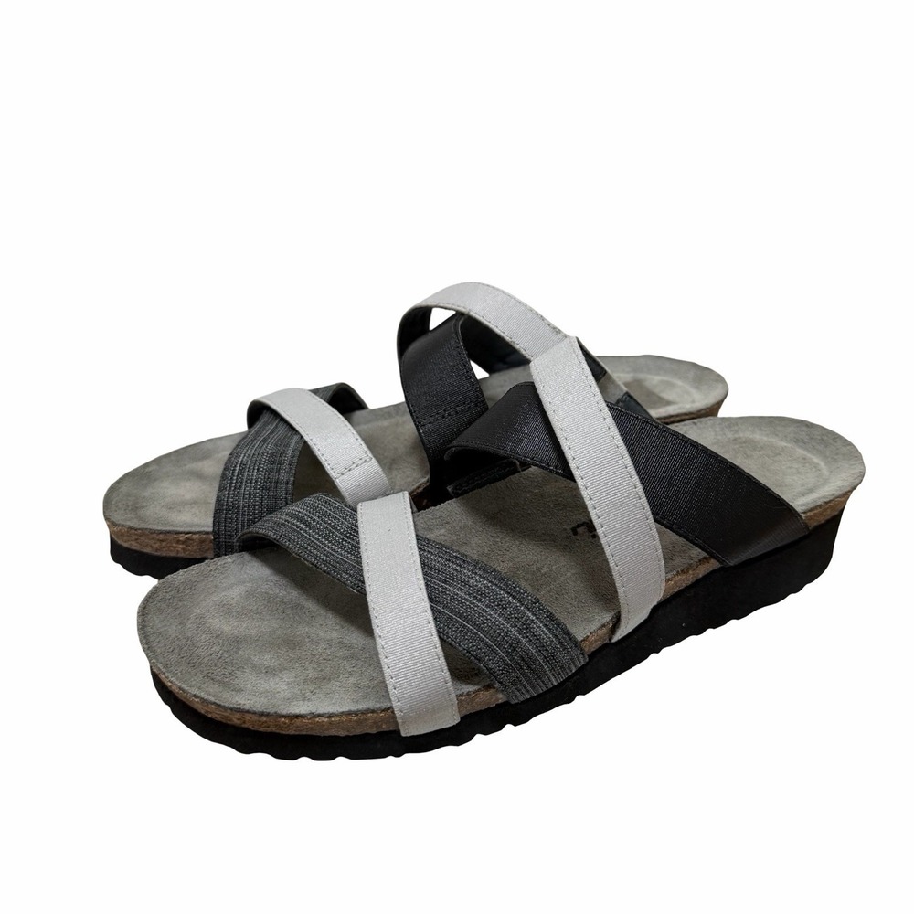 Naot Roxanna Slide Strappy Wedge Sandals Womens US 8 EU 39 Black Gray Slip Ons